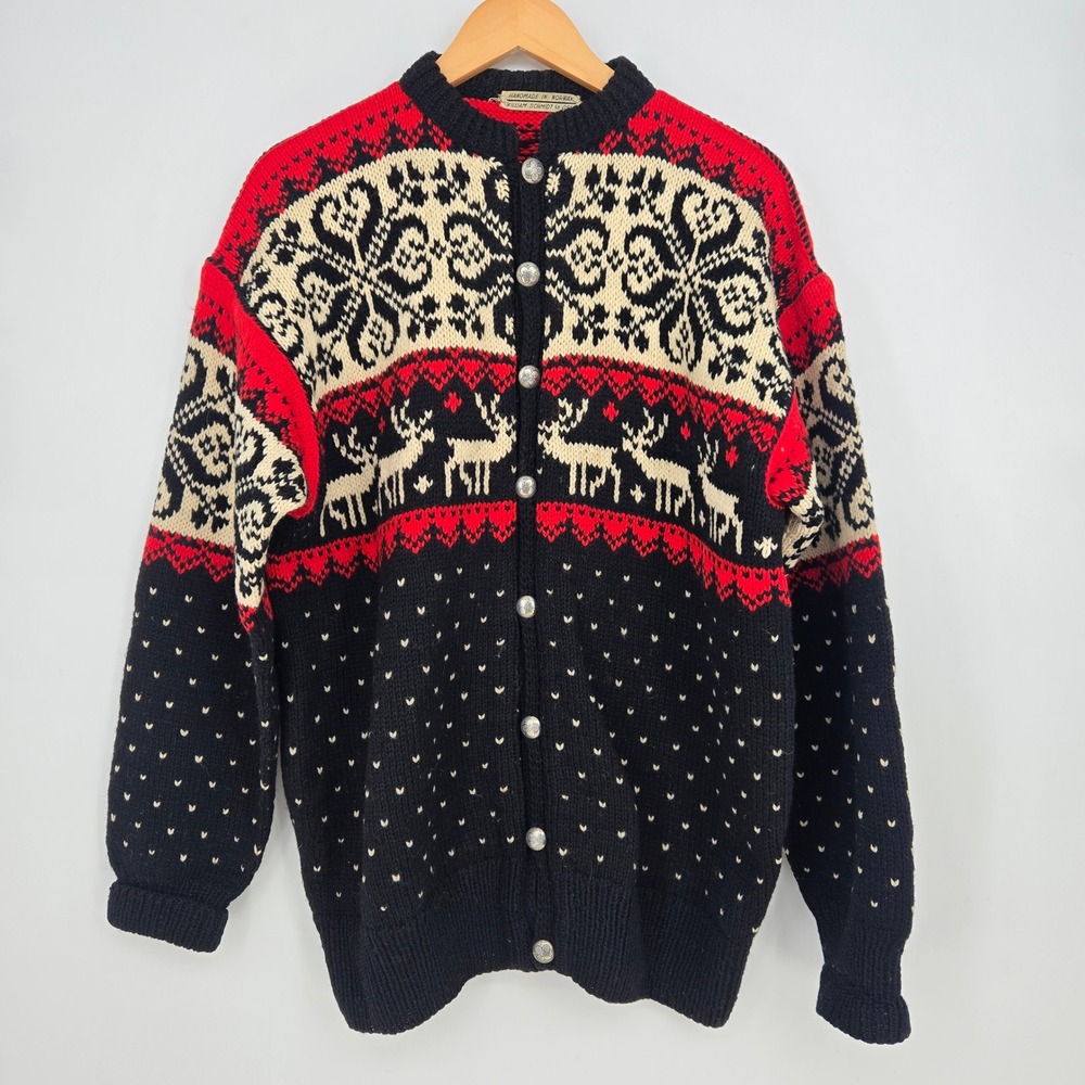 Vtg Handmade Norway Wool Reindeer Cardigan Sweater Mens XL/XXL Christmas Winter